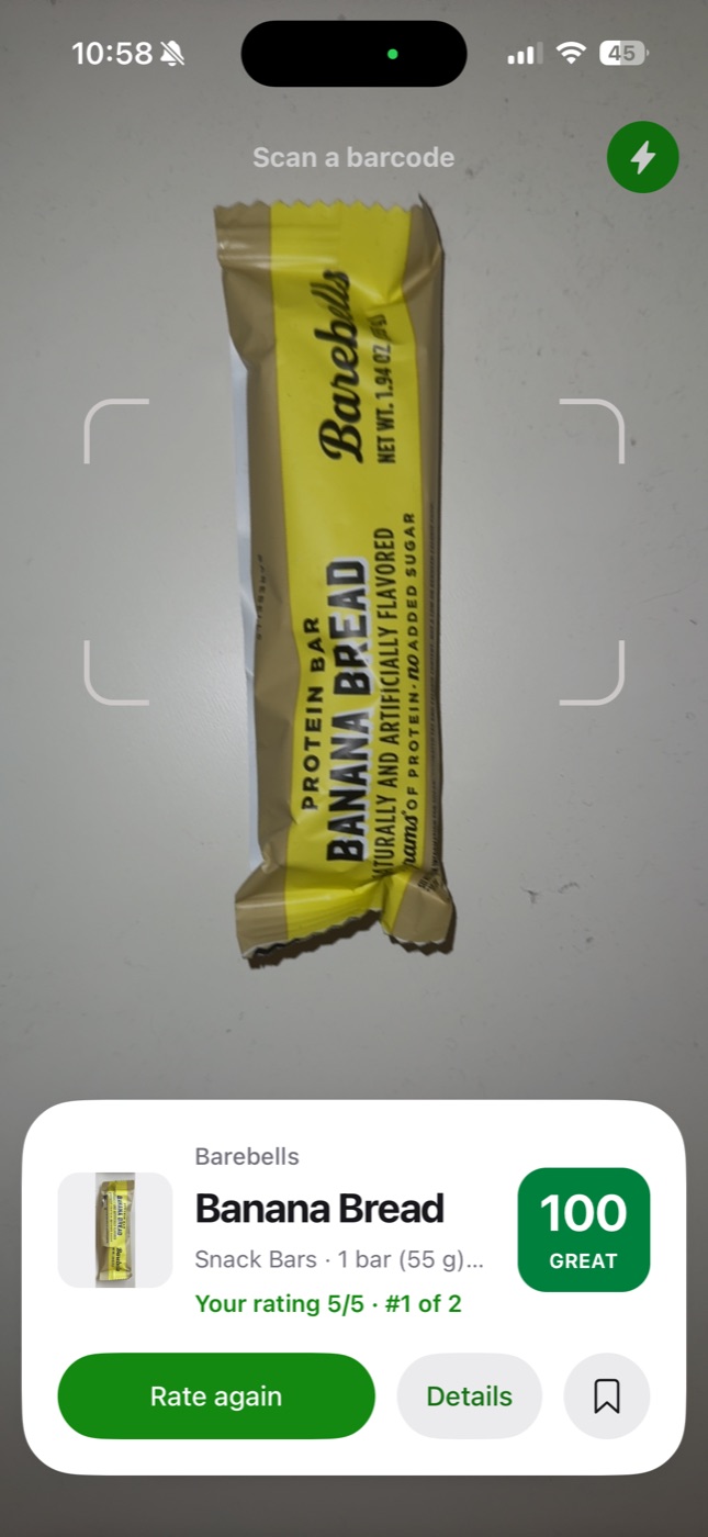Scanning a protein bar in the Kudo app, showing its score and your rating
